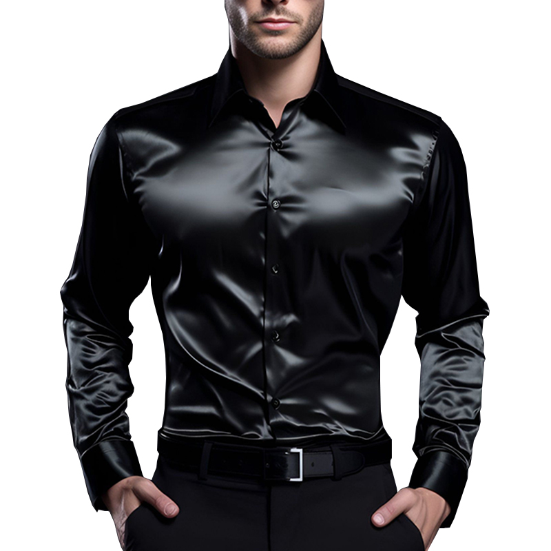 Mens Satin Silk Dress Shirt - Pria Satin kemeja mewah mode sutra