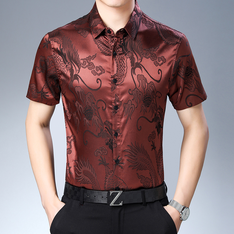 Mens Satin Silk Dress Shirt - Pria Fashion Pola Sutra Musim Panas