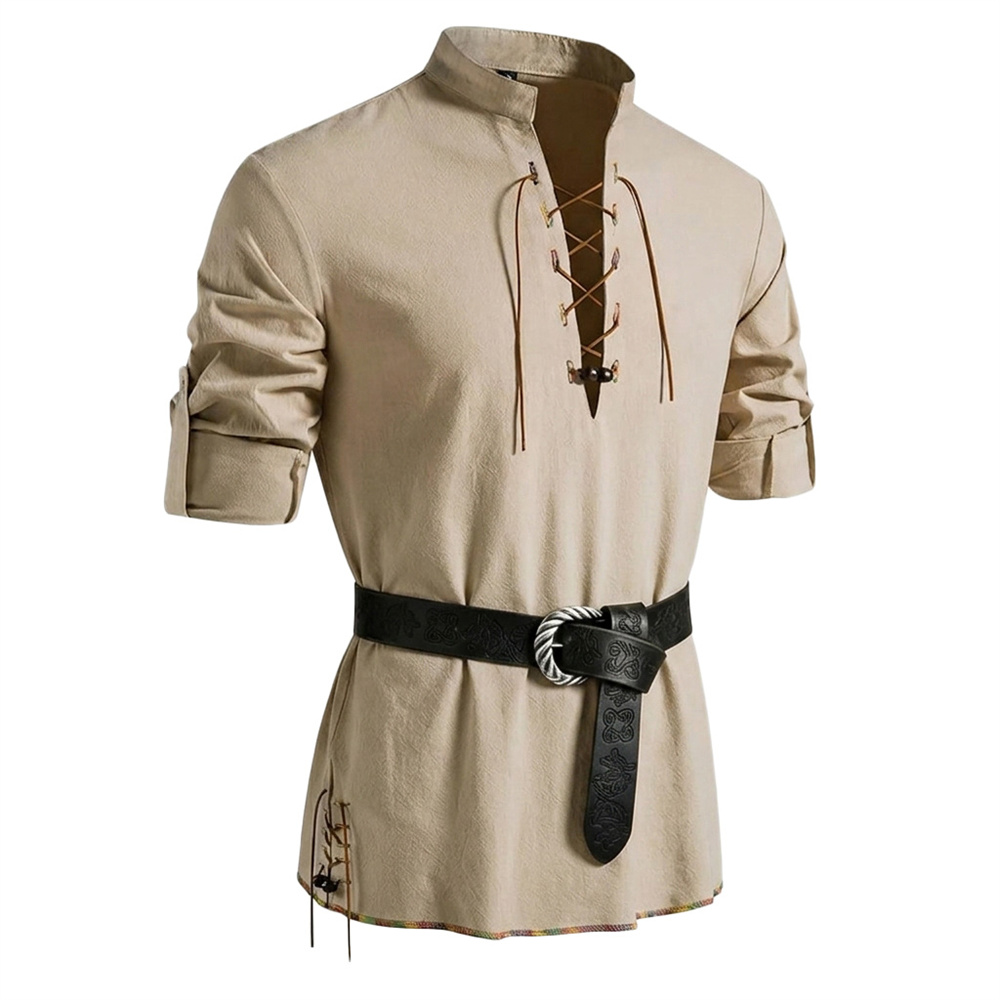 Medieval Gothic Lace Up Pirate Shirt - Kemeja Pria Bahan Katun Mirip Linen,