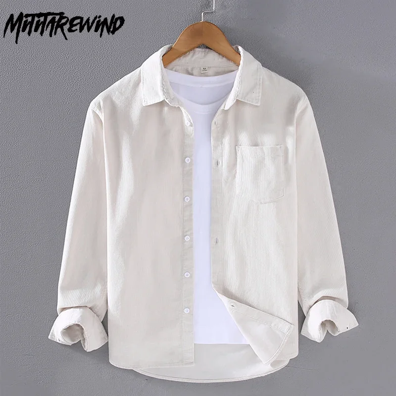 Corduroy Button Up Shirt Men - Kemeja Pria Lengan Panjang Putih Musim