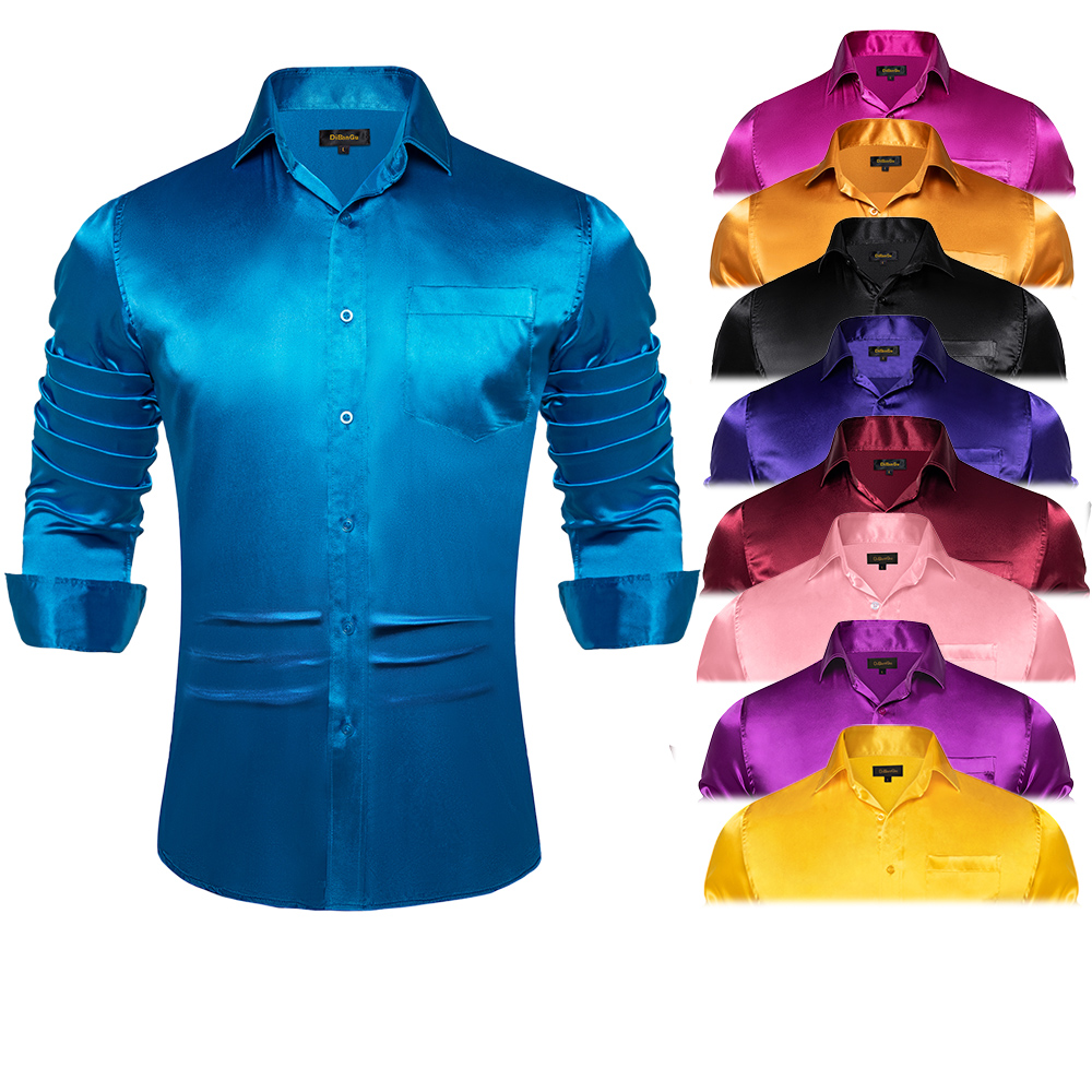 Mens Satin Silk Dress Shirt - Baju tuksedo pria lengan panjang, pakaian