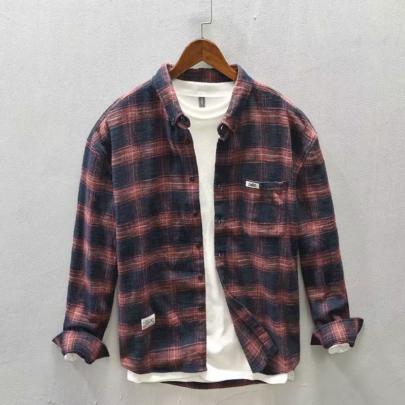 Flannel Plaid Shirt Heavy Weight - Kemeja Jaket Kasual Kotak-kotak Musim Semi/Gugur