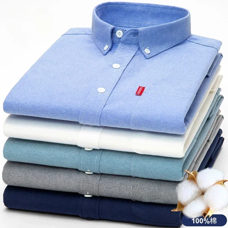 Oxford Cotton Casual Shirt Business - 100% katun murni pria warna Solid