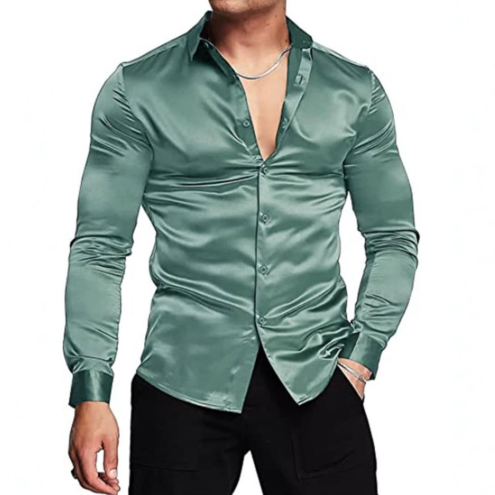 Mens Satin Silk Dress Shirt - Kemeja Sutra Satin Musim Semi Gugur,