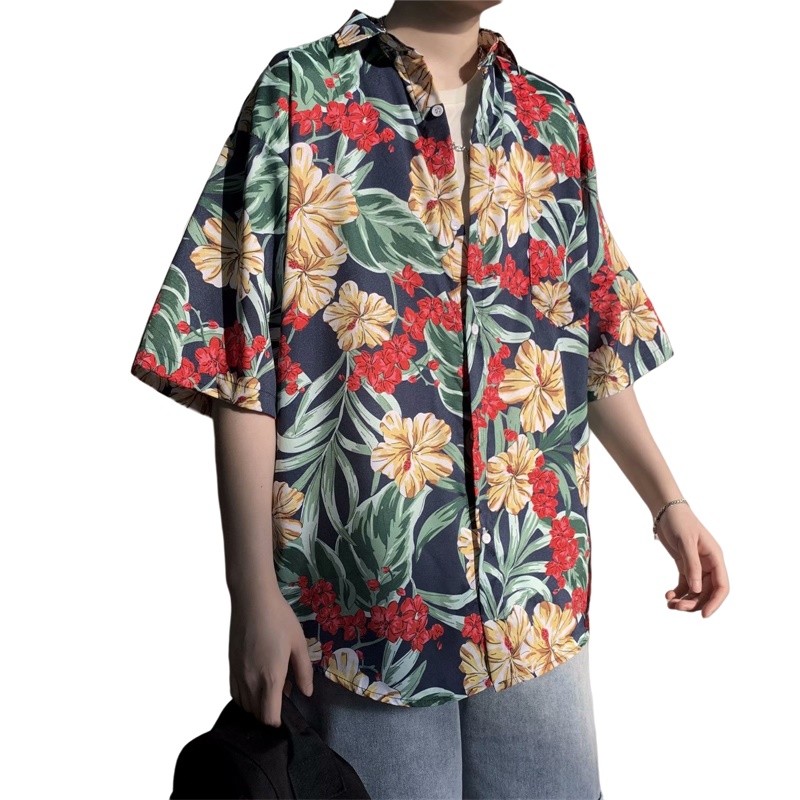 Vintage Hawaiian Floral Shirt - Baju musim panas lengan pendek pria,