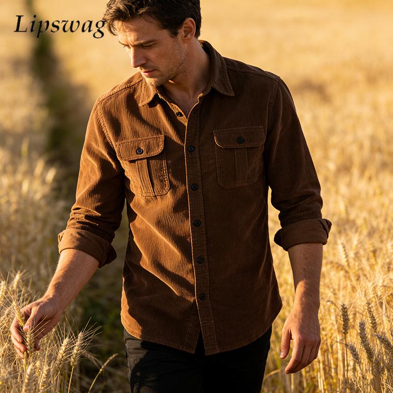 Corduroy Button Up Shirt Men - Jaket Kemeja Korduroi Warna Solid Vintage