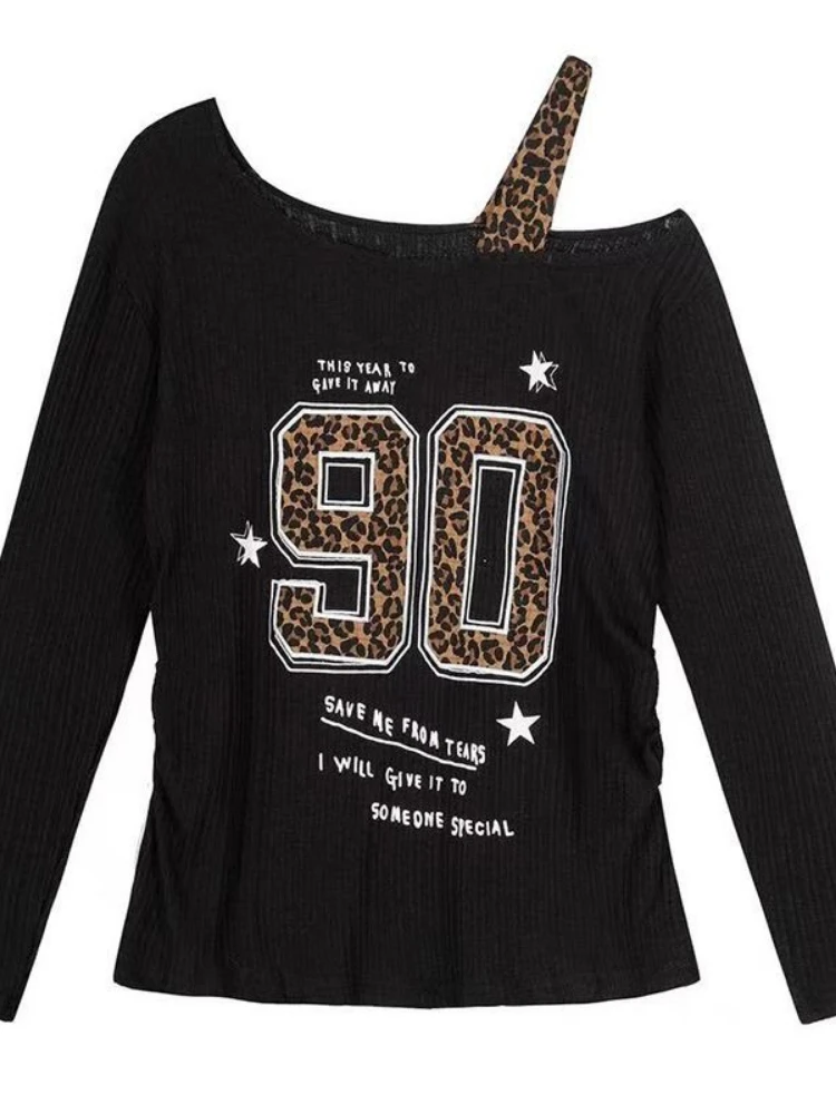 T-Shirts - Kaos Leopard Print Patchwork Y2K Wanita,