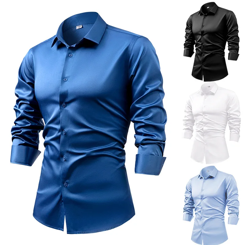 Mens Satin Silk Dress Shirt - Kemeja lengan panjang untuk pria, kemeja