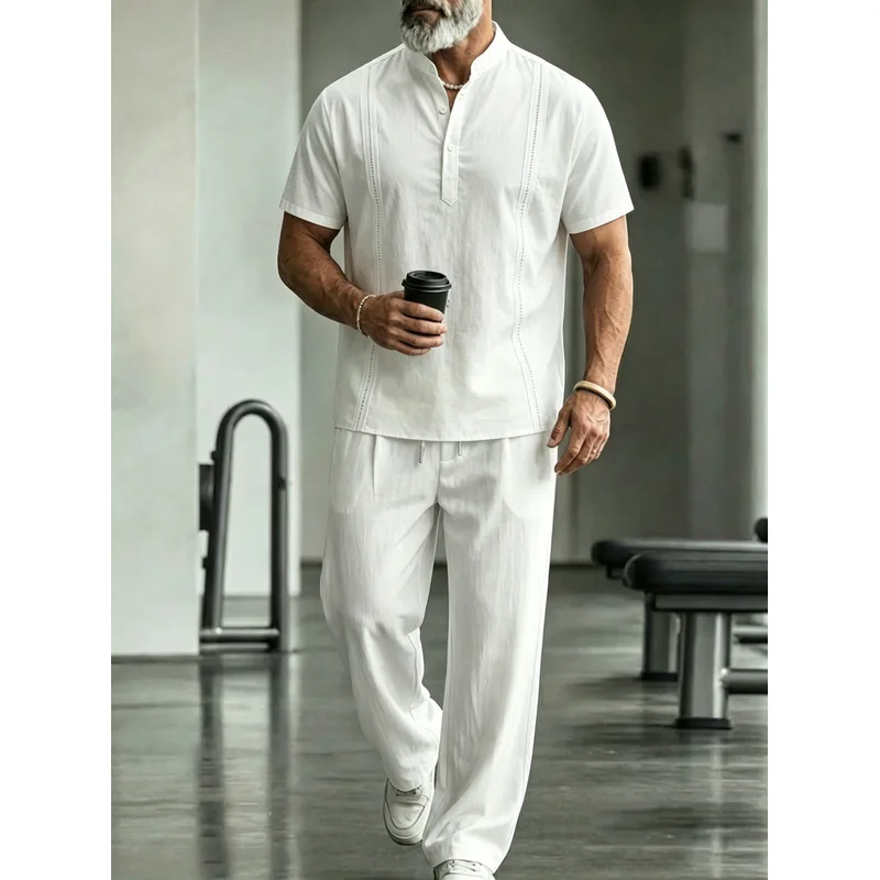 Mens Linen Shirt Long Sleeve - Setelan Kasual Linen Pria 2 Potong