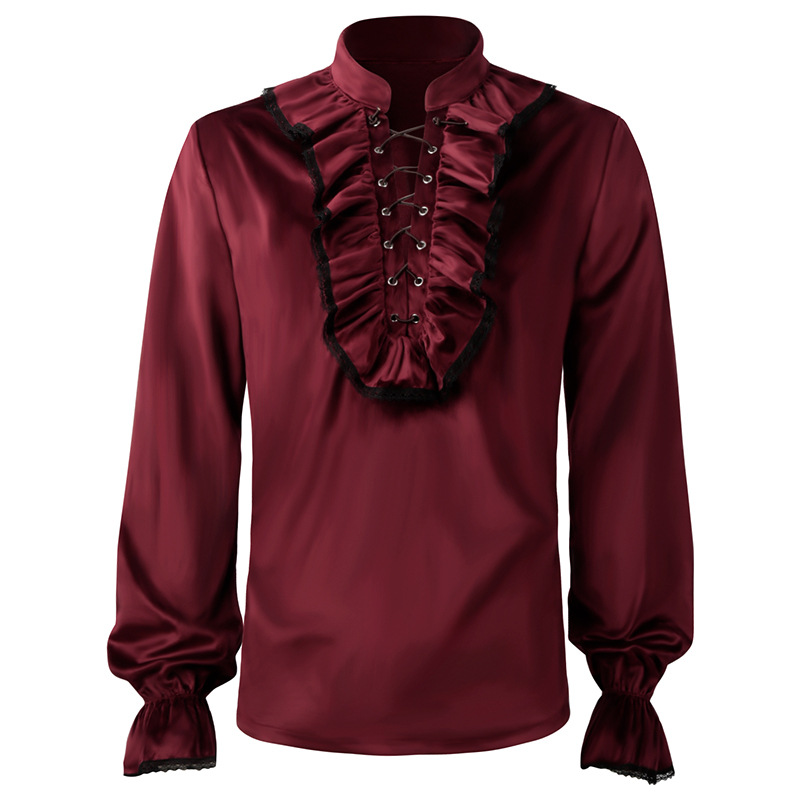 Medieval Gothic Lace Up Pirate Shirt - Renda Merah Ruffle Lengan Lentera Pria