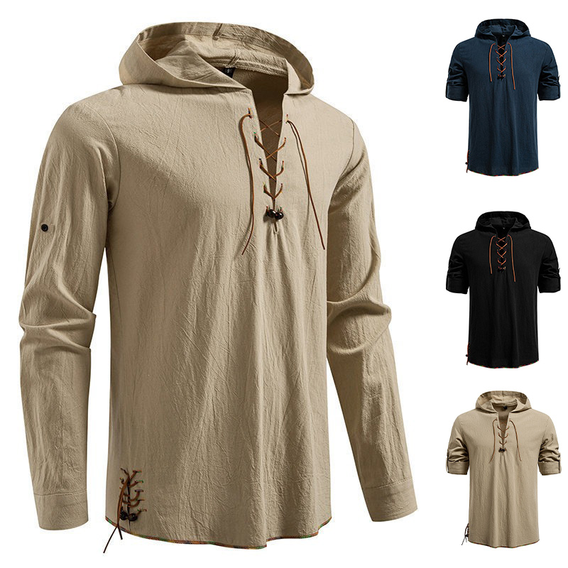 Medieval Gothic Lace Up Pirate Shirt - Kaos Pria Lengan Panjang Berkerudung Katun