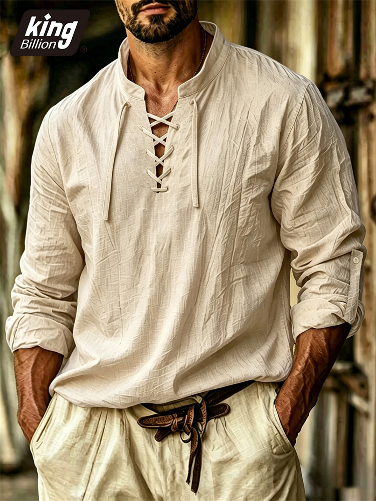 Medieval Gothic Lace Up Pirate Shirt - Kaos Pria V-neck Gaya Bajak Laut