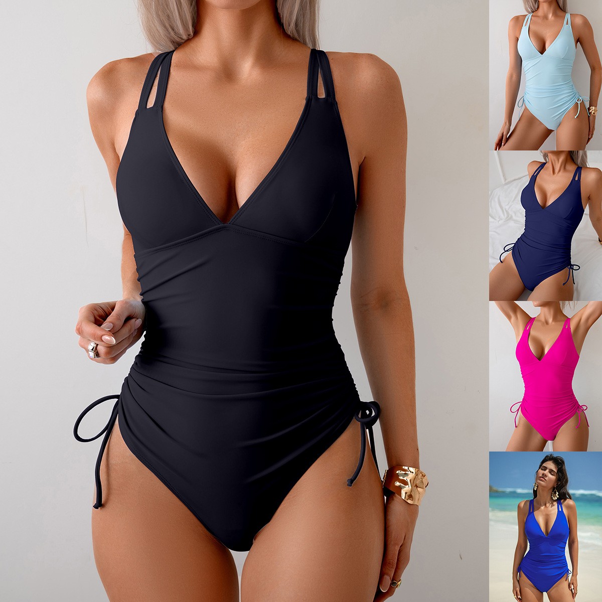 Suits - Baju Renang Hitam Polos V-Neck Berkerut
