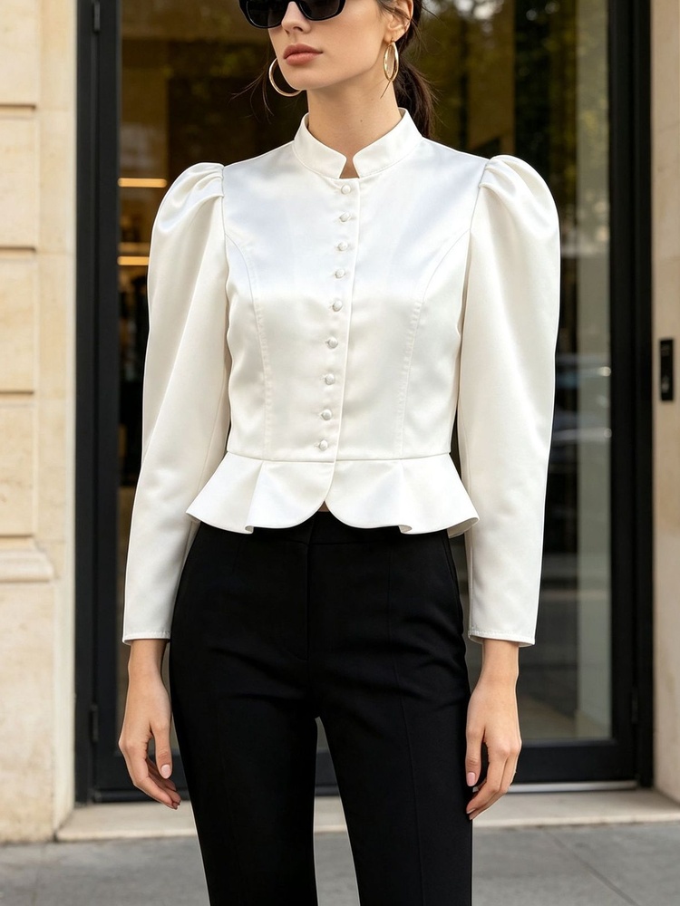 Mandarin Collar Formal Shirt Slim Fit - Blus Peplum Tossy Lengan Panjang Bahu