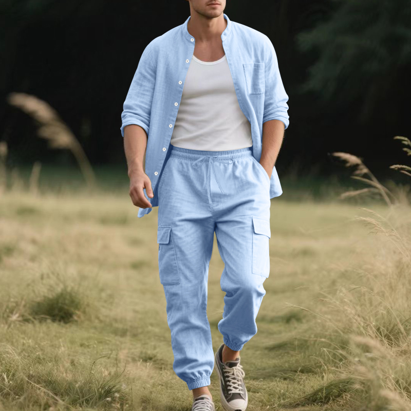 Setelan Linen Pria Dua Potong  - Mens Linen Shirt Long Sleeve ulasan dan harga