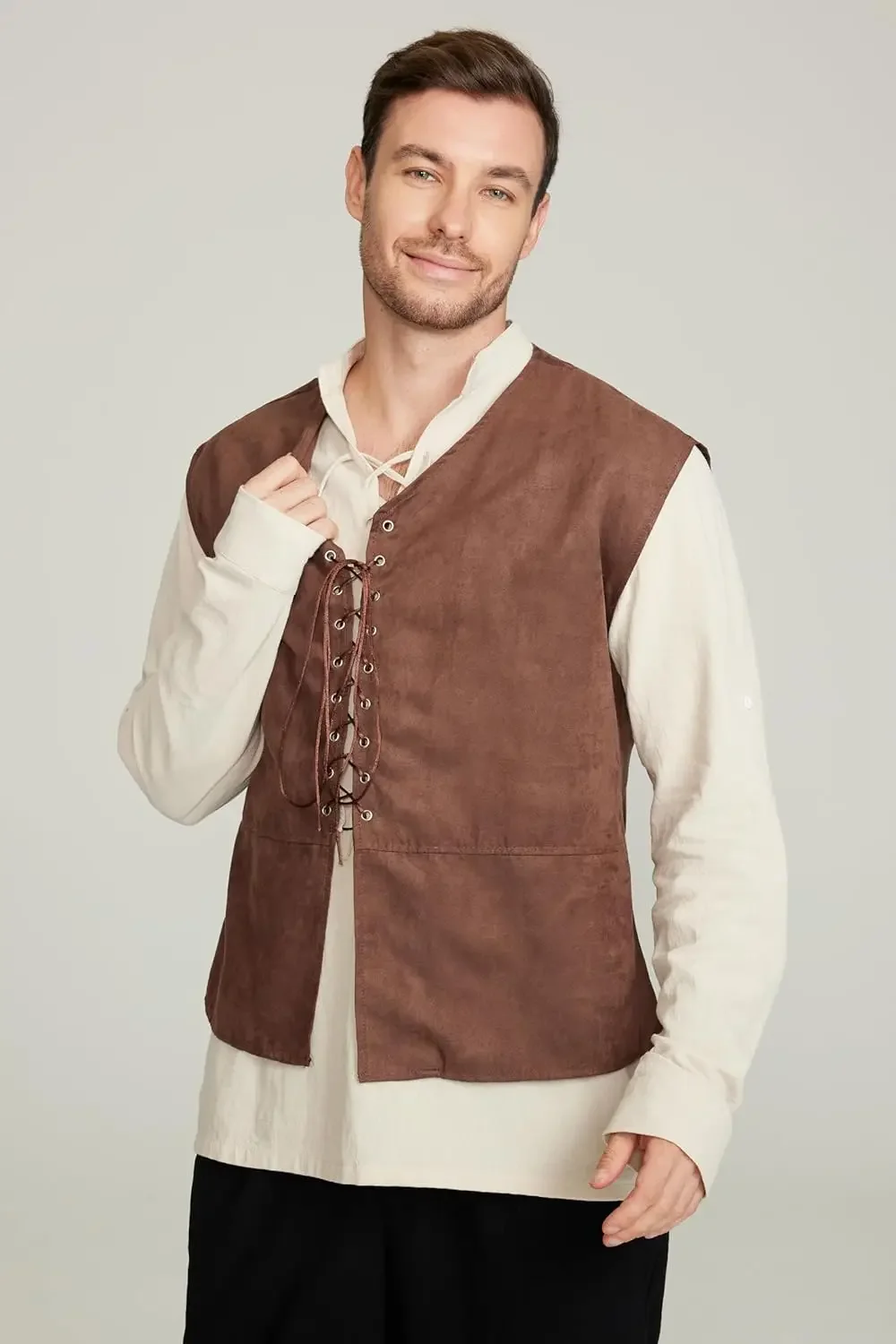 Set 2 Potong Rompi Bajak Laut  - Medieval Gothic Lace Up Pirate Shirt ulasan dan harga