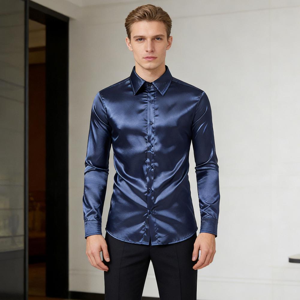 Kemeja Sutra Satin Biru Oranye - Mens Satin Silk Dress Shirt ulasan dan harga