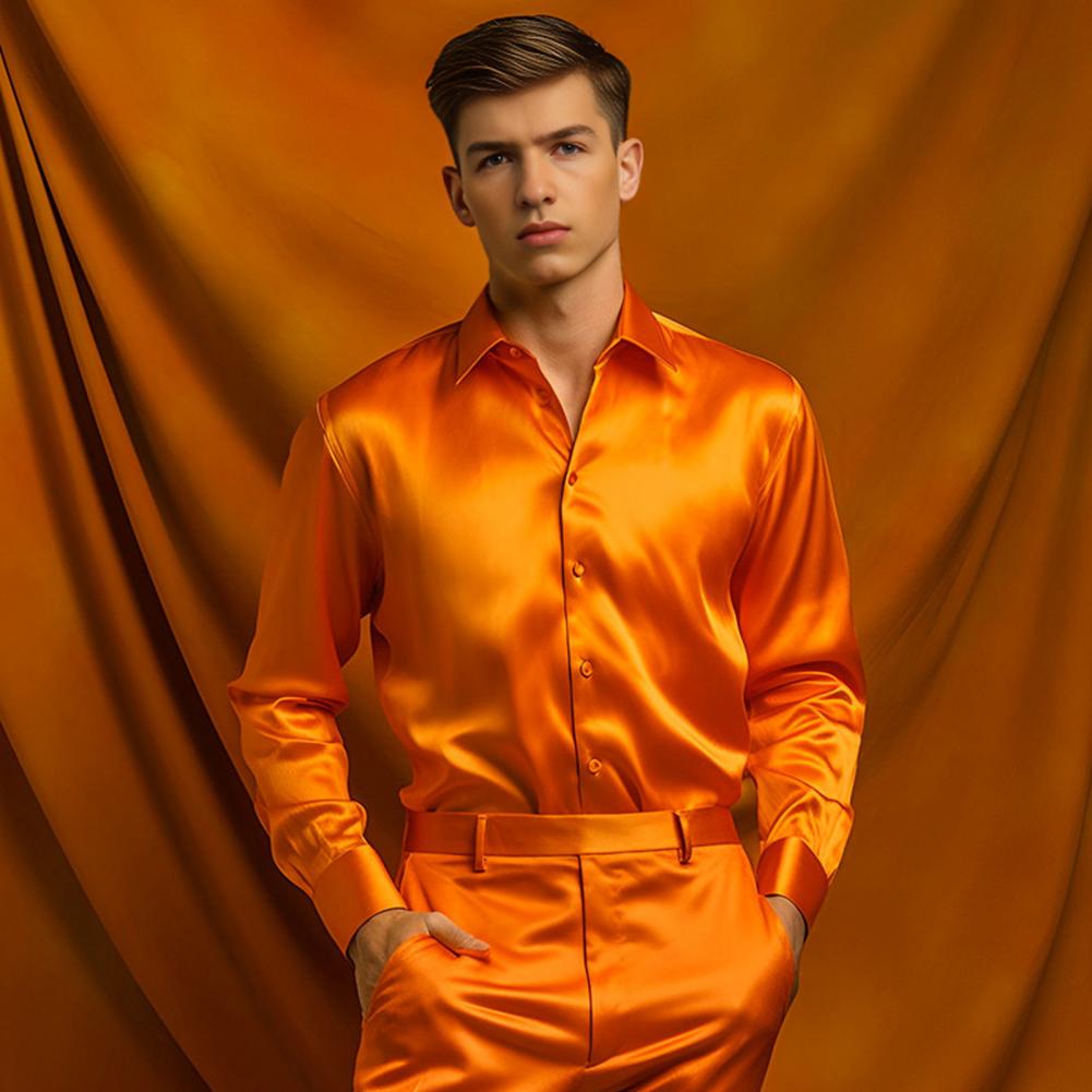 Kemeja Sutra Satin Biru Oranye - Mens Satin Silk Dress Shirt ulasan dan harga
