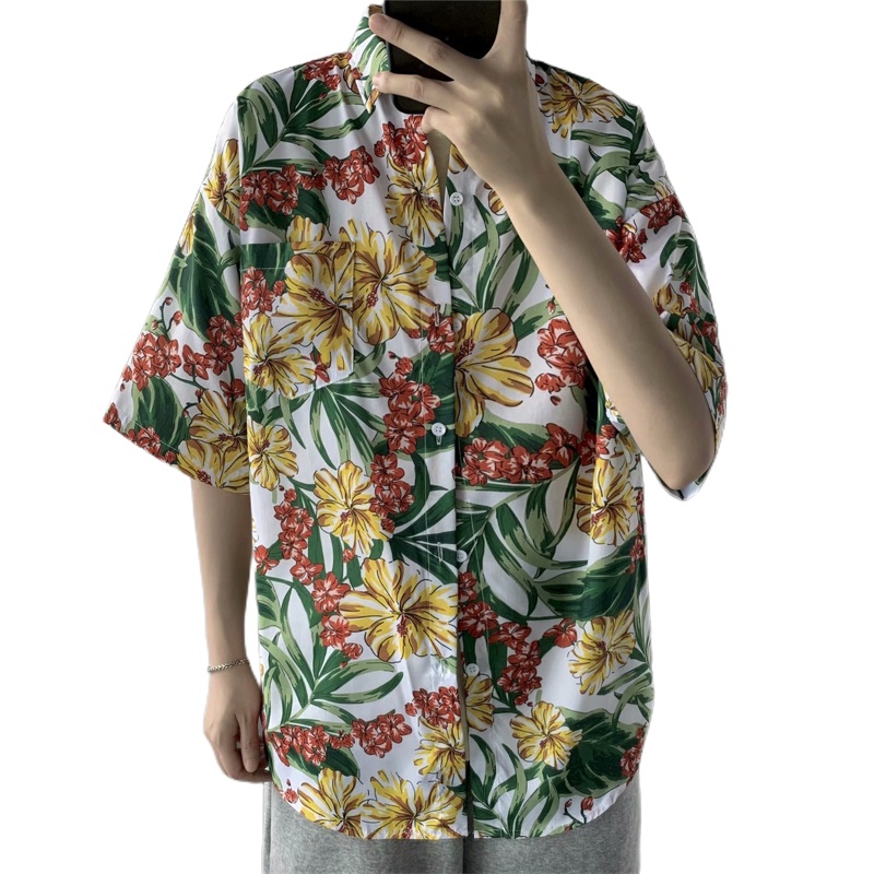 Baju musim panas lengan pendek - Vintage Hawaiian Floral Shirt ulasan dan harga