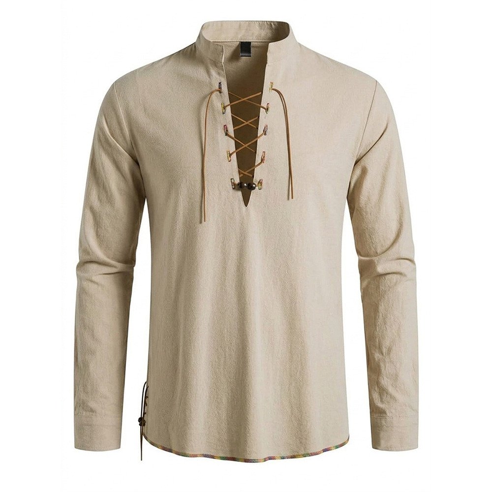 Kemeja Pria Model Henley Neck  - Medieval Gothic Lace Up Pirate Shirt ulasan dan harga