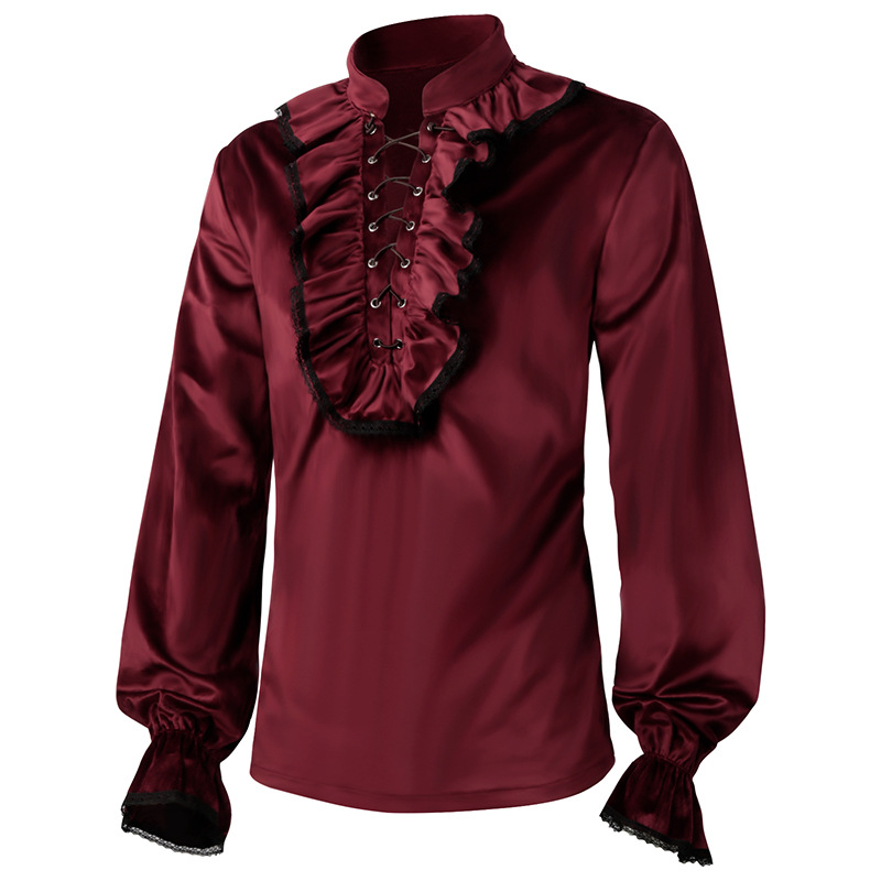 Renda Merah Ruffle Lengan Lent - Medieval Gothic Lace Up Pirate Shirt ulasan dan harga