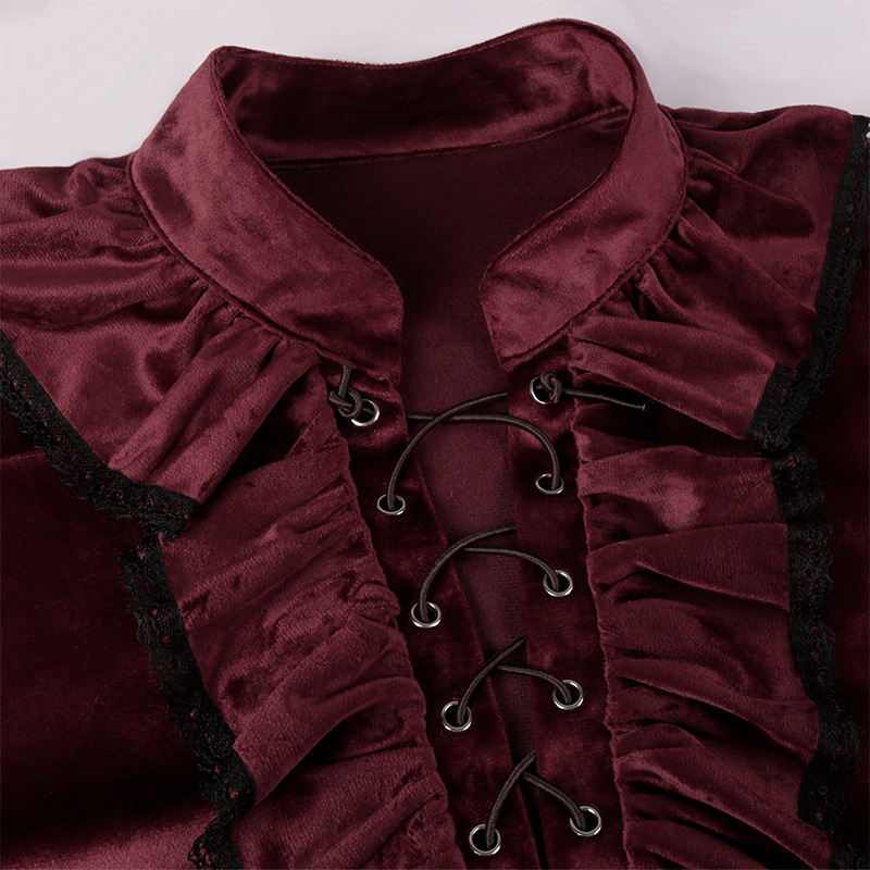 Renda Merah Ruffle Lengan Lent - Medieval Gothic Lace Up Pirate Shirt ulasan dan harga