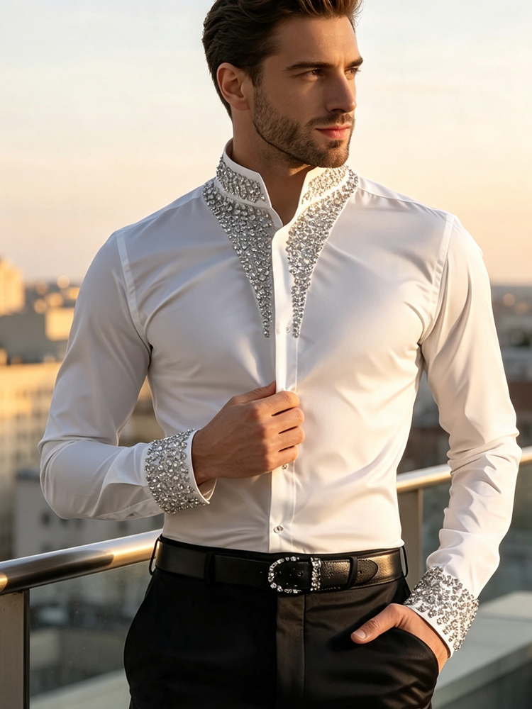 Kemeja Bisnis Kasual Pria Mewa - Mandarin Collar Formal Shirt Slim Fit ulasan dan harga