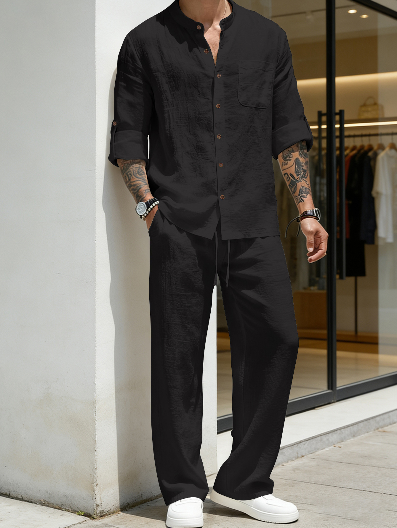 Setelan Kemeja dan Celana Line - Mens Linen Shirt Long Sleeve ulasan dan harga