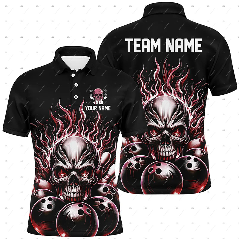 Nama Kustom Bowling Skull Flam - Short Sleeve Bowling Shirt Retro ulasan dan harga
