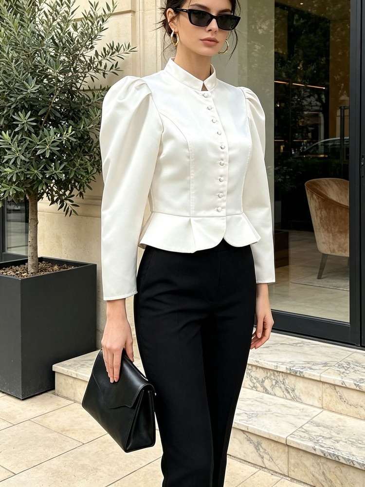 Blus Peplum Lengan Panjang Bah - Mandarin Collar Formal Shirt Slim Fit ulasan dan harga