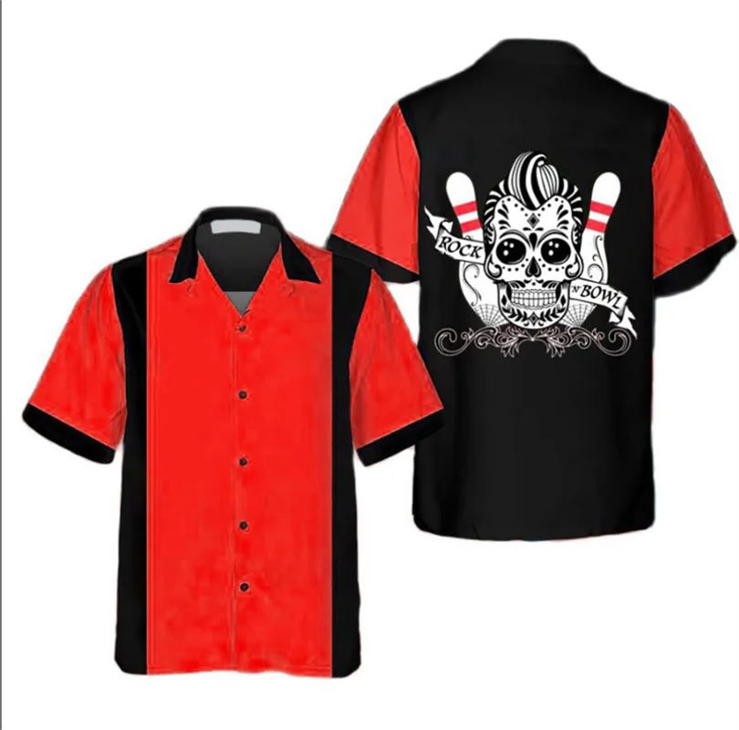 Kemeja Cetak Bola Bowling Retr - Short Sleeve Bowling Shirt Retro ulasan dan harga