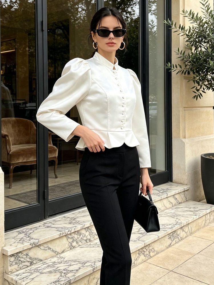 Blus Peplum Tossy Lengan Panja - Mandarin Collar Formal Shirt Slim Fit ulasan dan harga