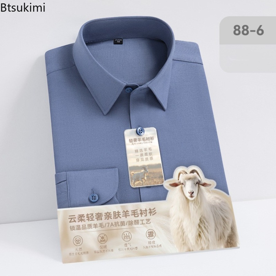 Kemeja Lengan Panjang Wol Moda - Mandarin Collar Formal Shirt Slim Fit ulasan dan harga