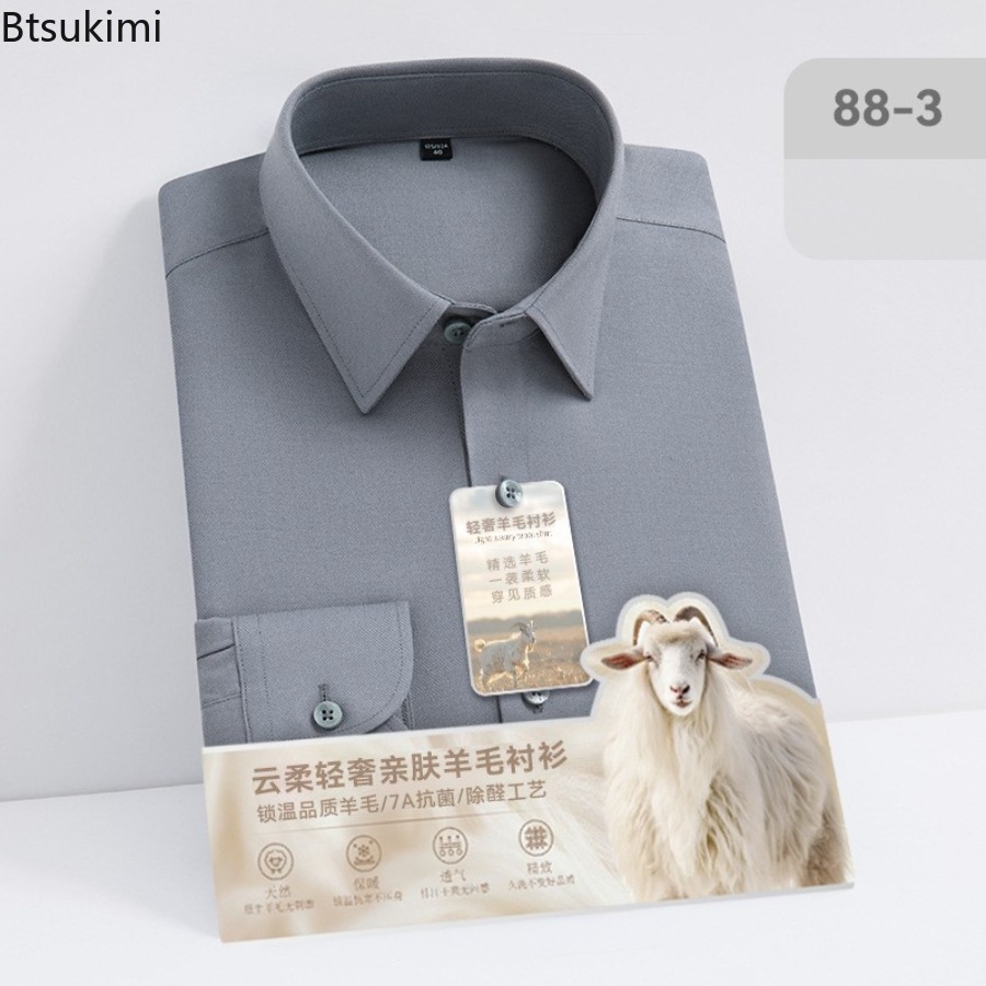Kemeja Lengan Panjang Wol Moda - Mandarin Collar Formal Shirt Slim Fit ulasan dan harga